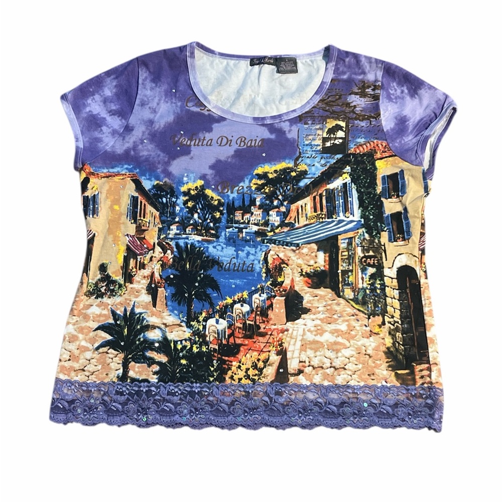 Y2k French Postcards Colorful Scenic Print Women's Top
